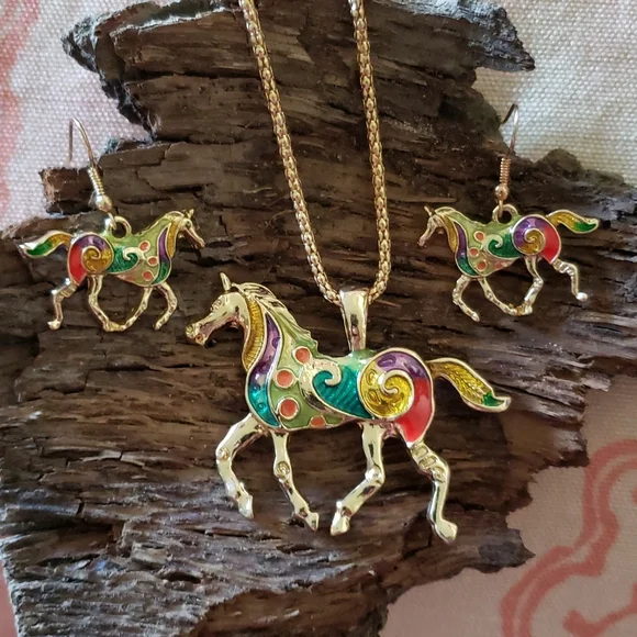 Trotting Horse Set. Horse Earrings Horse Necklace Cowgirl Colorful Rodeo Pony - Picture 13 of 13